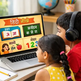 Children in an online Hindi class