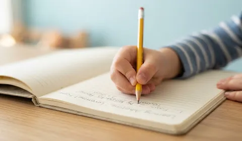 Child's hand writing with a pencil in a notebook